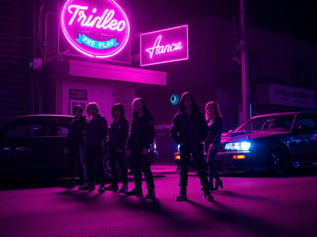 Reunión nocturna de personajes junto a coches tuneados